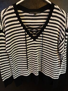 White House Black Market Black & White Striped  V Crochet Lace Up Sweater Cotton